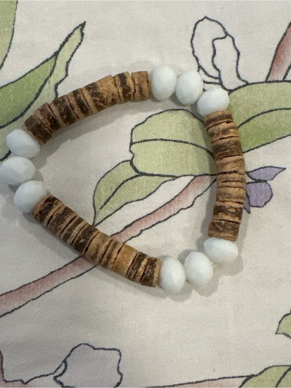 Handmade White and Brown Beaded Stretch Bracelet